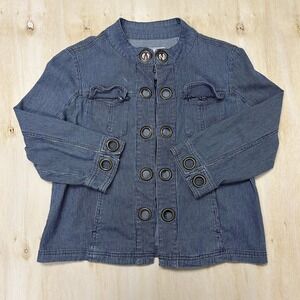 Y2K AMX Jacket Womens Medium Blue Striped Denim Military Full Zip Grommet Detail